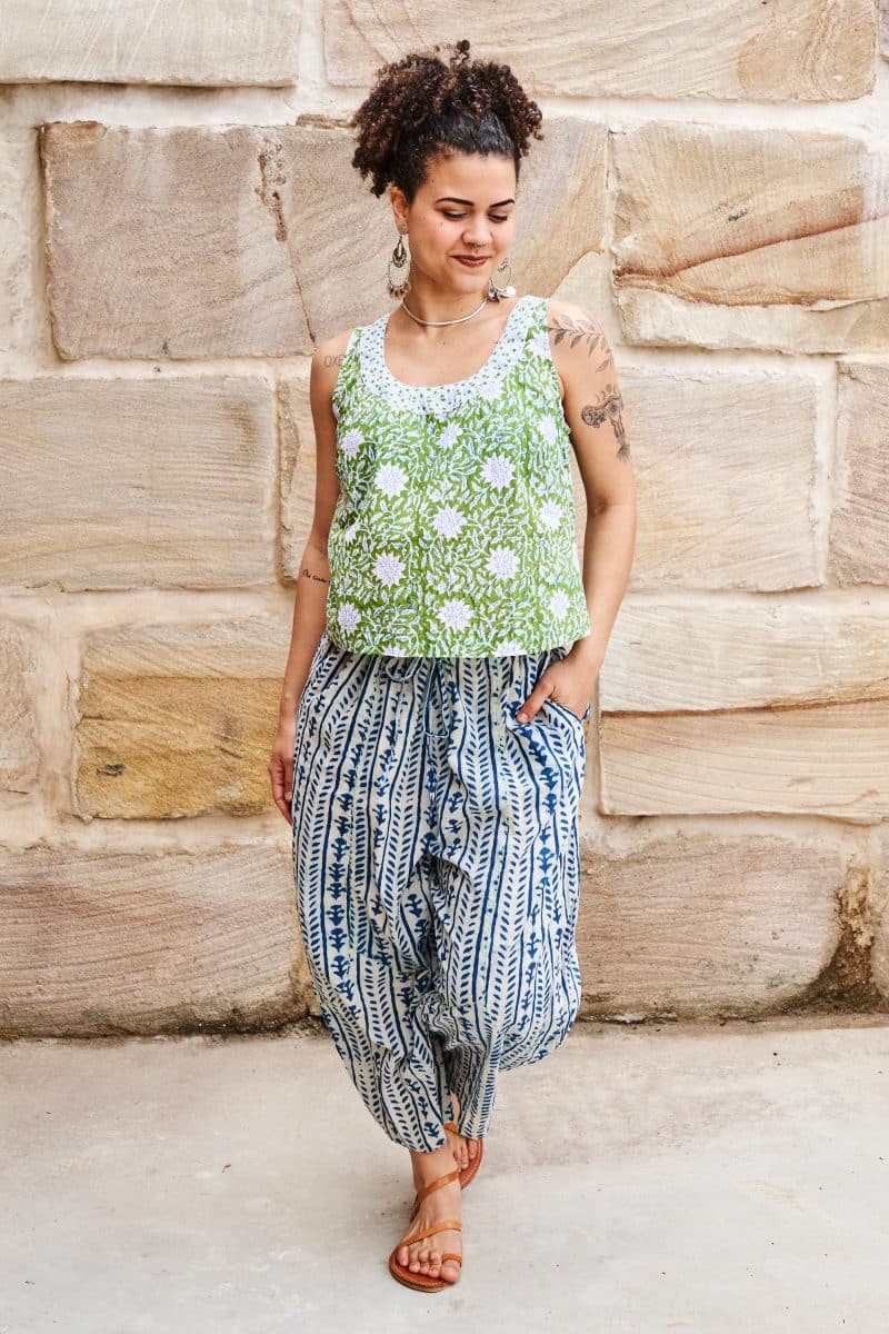 Hand Block Print, Summer. Vayana top - Evergreen & Sol Pants - Indigo Kavari.