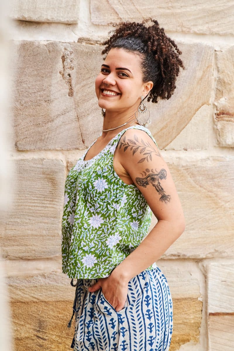 Womens Tops, 100% Cotton, Hand Block Print, Summer. Vayana top in Evergreen