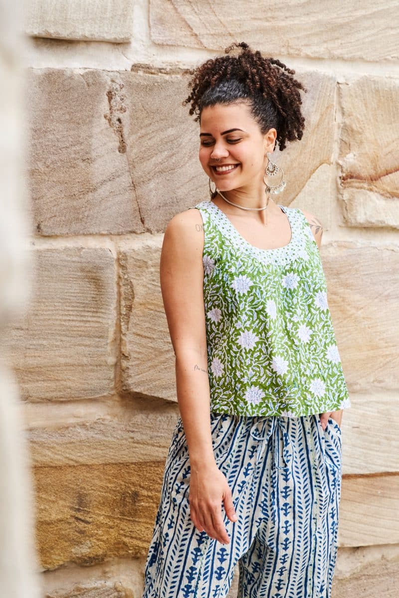 Hand Block Print, Summer. Vayana top - Evergreen & Sol Pants - Indigo Kavari.