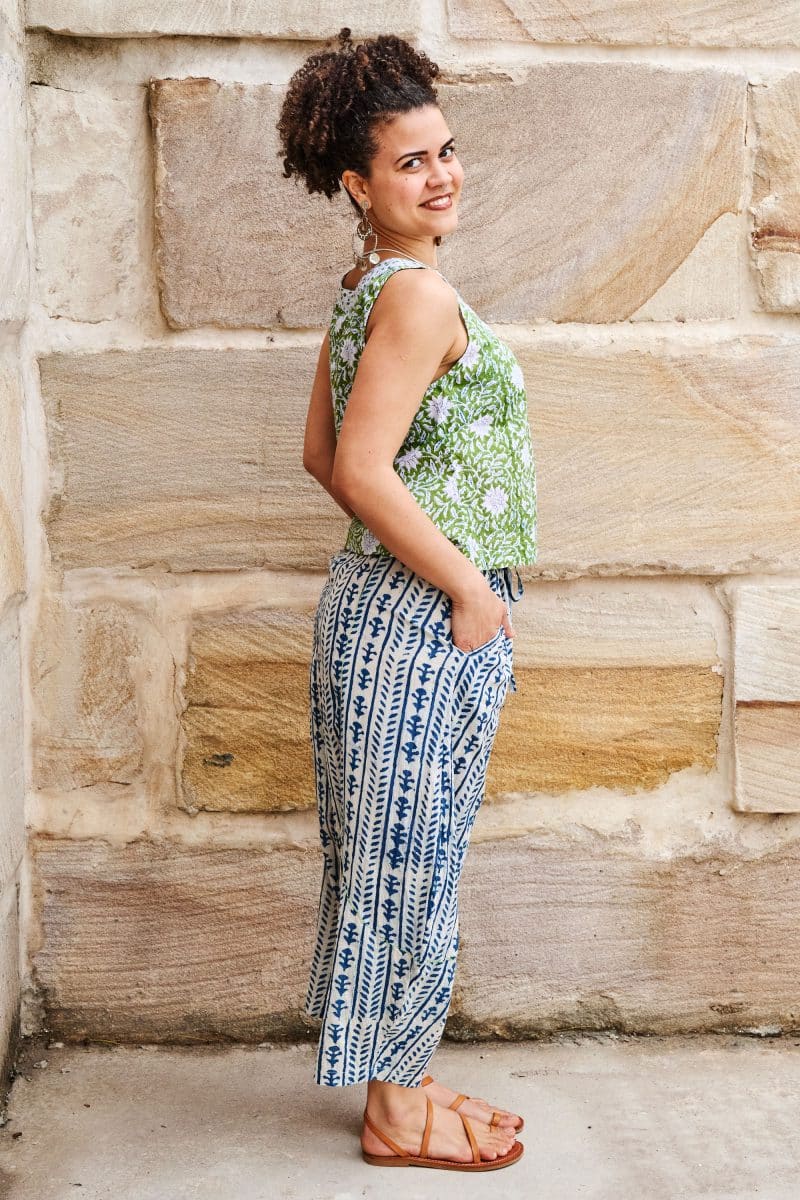 Hand Block Print, Summer. Vayana top - Evergreen & Sol Pants - Indigo Kavari.