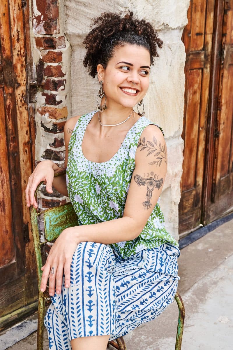 Hand Block Print, Summer. Vayana top - Evergreen & Sol Pants - Indigo Kavari.
