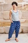 Womens Tops & Pants, 100% Cotton, Hand Block Print, Summer. Vayana top in subtle Rhapsody print. Sol Pants in natural blue - Indigo Nivara