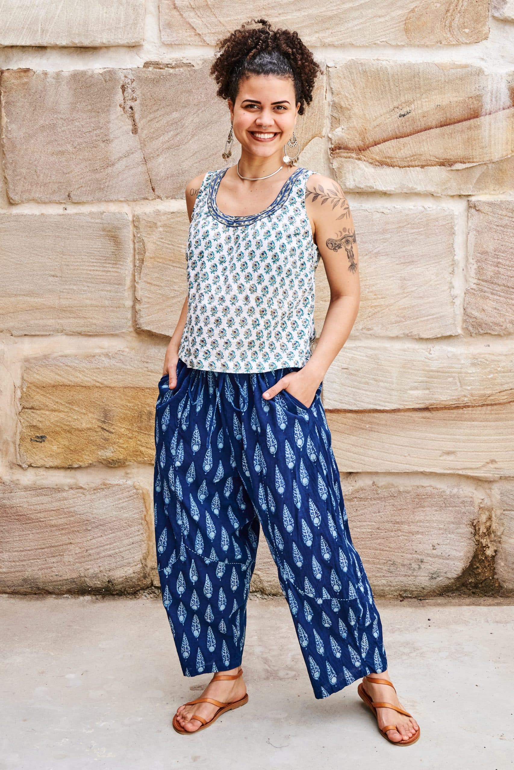 Womens Tops & Pants, 100% Cotton, Hand Block Print, Summer. Vayana top in subtle Rhapsody print. Sol Pants in natural blue - Indigo Nivara