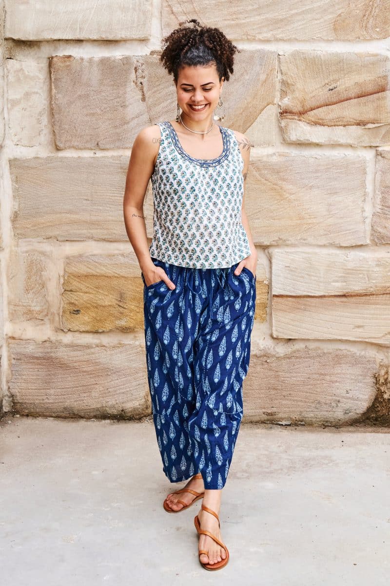 Womens Tops & Pants, 100% Cotton, Hand Block Print, Summer. Vayana top in subtle Rhapsody print. Sol Pants in natural blue - Indigo Nivara