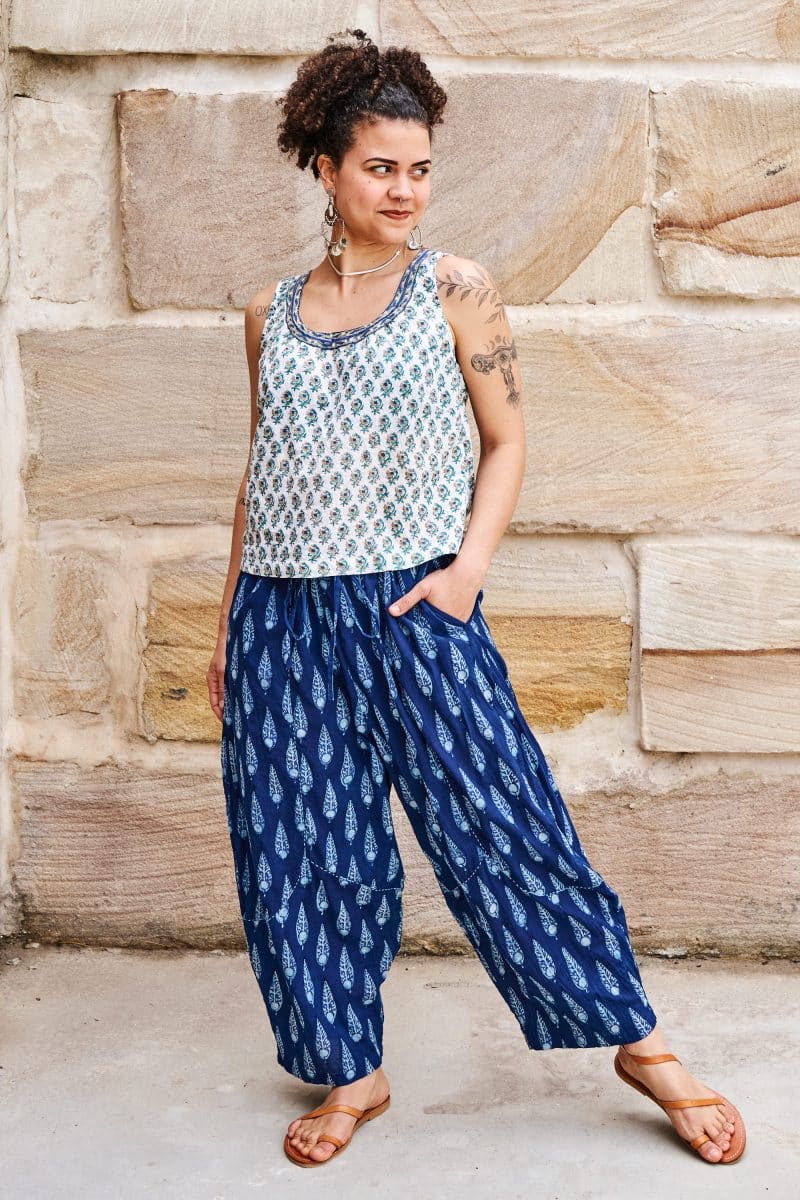 Womens Tops & Pants, 100% Cotton, Hand Block Print, Summer. Vayana top in subtle Rhapsody print. Sol Pants in natural blue - Indigo Nivara