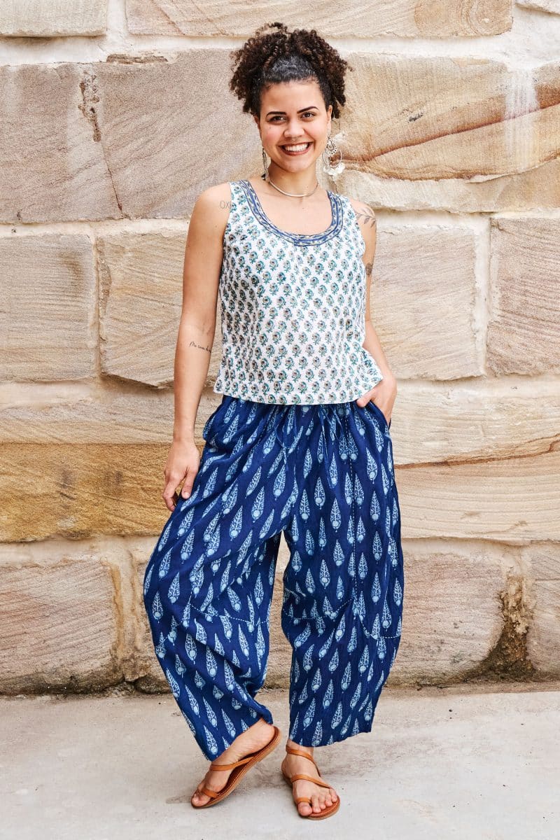Womens Tops & Pants, 100% Cotton, Hand Block Print, Summer. Vayana top in subtle Rhapsody print. Sol Pants in natural blue - Indigo Nivara