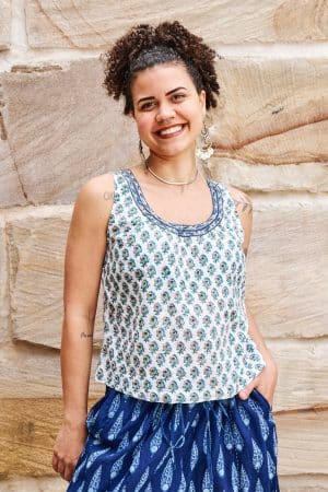 Womens Tops, 100% Cotton, Hand Block Print, Summer. Vayana in subtle Rhapsody print