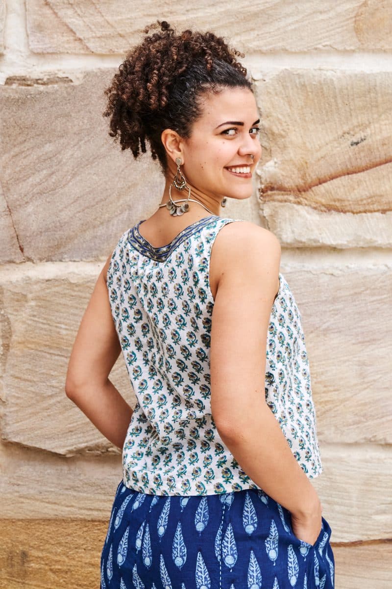 Womens Tops, 100% Cotton, Hand Block Print, Summer. Vayana in subtle Rhapsody print