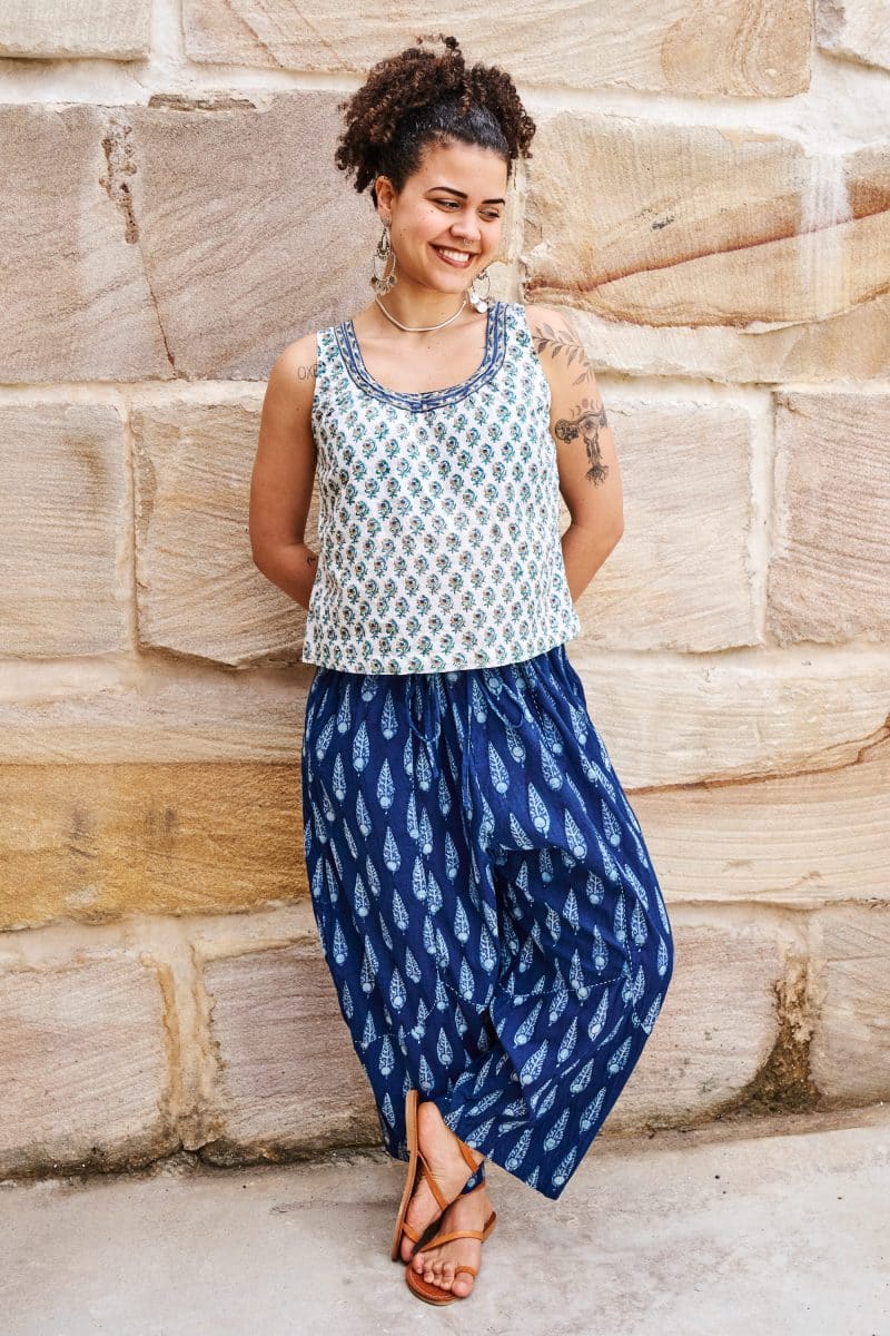 Womens Tops & Pants, 100% Cotton, Hand Block Print, Summer. Vayana top in subtle Rhapsody print. Sol Pants in natural blue - Indigo Nivara