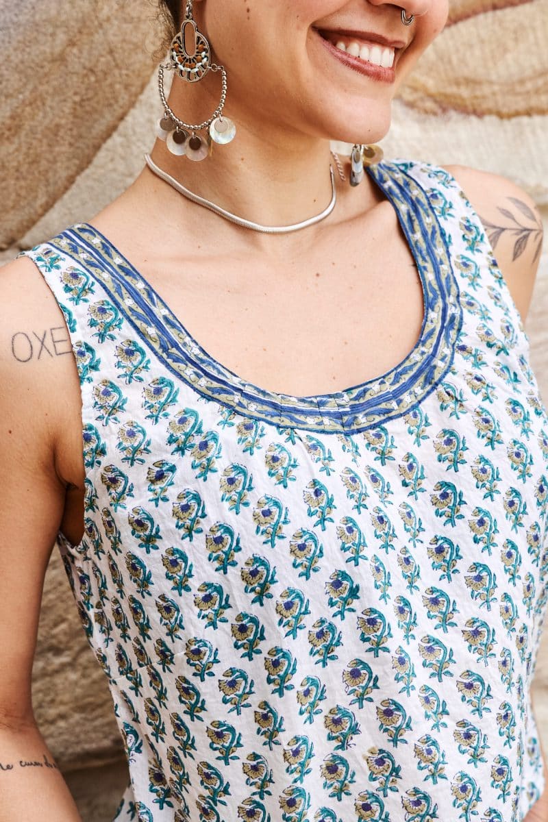 Womens Tops, 100% Cotton, Hand Block Print, Summer. Vayana in subtle Rhapsody print
