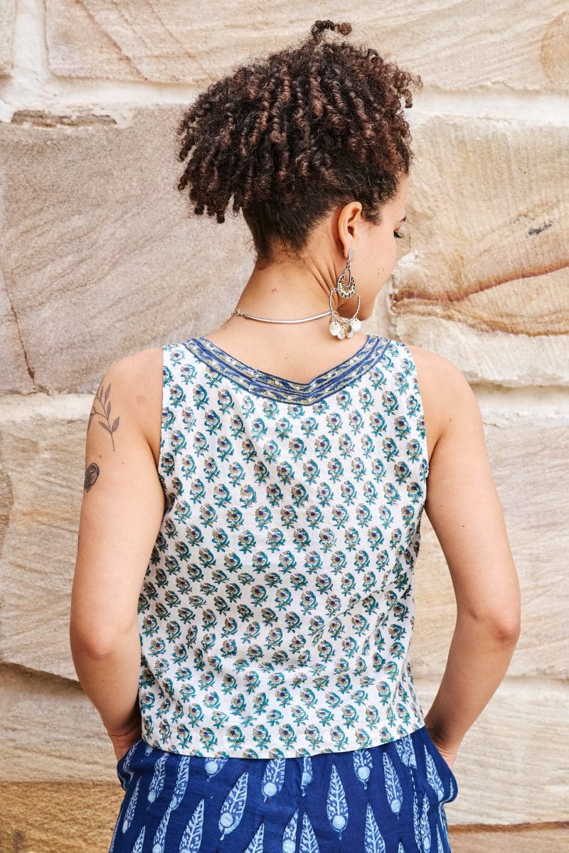 Womens Tops, 100% Cotton, Hand Block Print, Summer. Vayana in subtle Rhapsody print