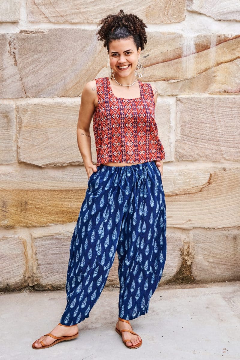 Womens Tops & Pants, 100% Cotton, Hand Block Print, Summer. Lola top in red mosaic - Tavira. Sol Pants in natural blue - Indigo Nivara