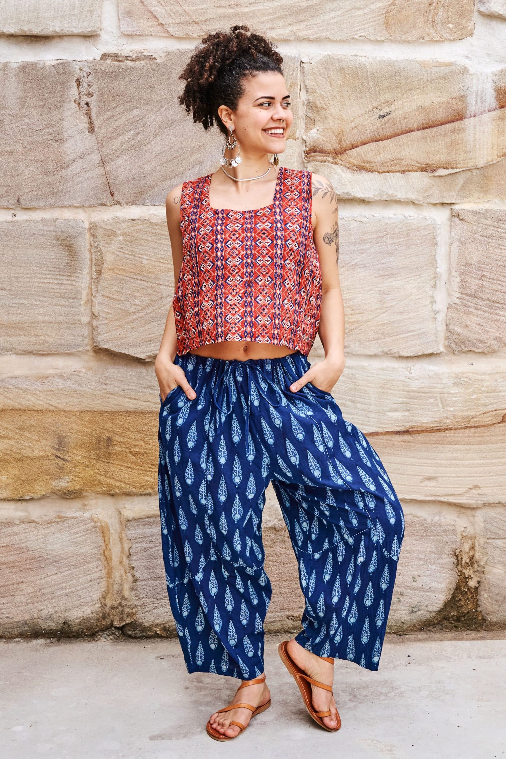 Womens Tops & Pants, 100% Cotton, Hand Block Print, Summer. Lola top in red mosaic - Tavira. Sol Pants in natural blue - Indigo Nivara