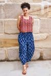 Womens Tops & Pants, 100% Cotton, Hand Block Print, Summer. Lola top in red mosaic - Tavira. Sol Pants in natural blue - Indigo Nivara