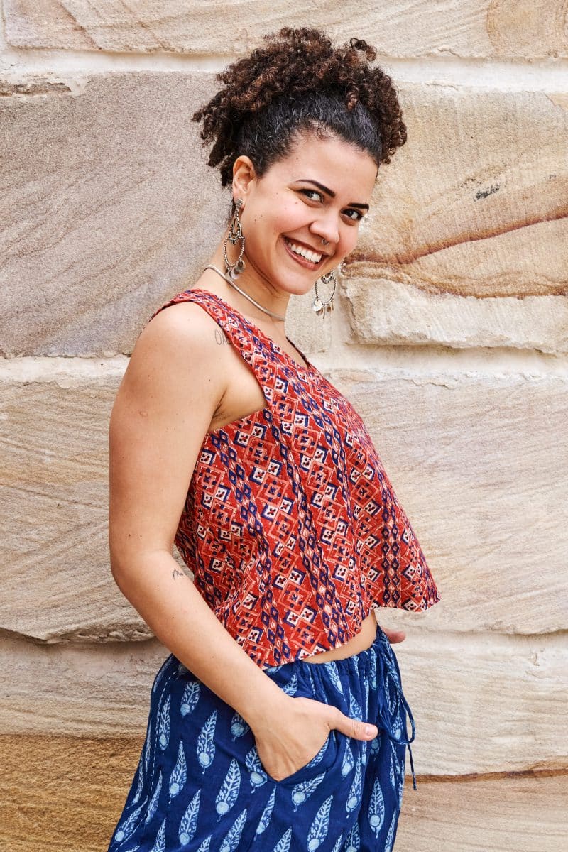 Womens Tops, 100% Cotton, Hand Block Print, Summer. Lola in red mosaic - Tavira