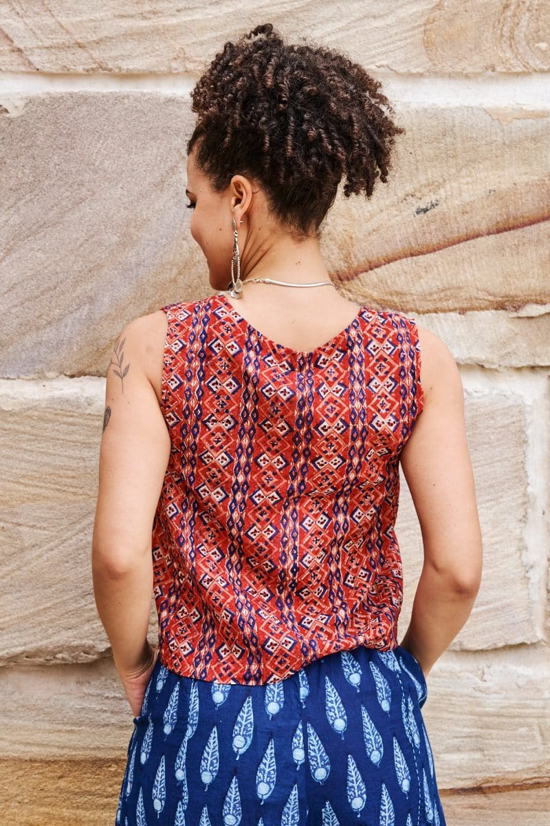 Womens Tops, 100% Cotton, Hand Block Print, Summer. Lola in red mosaic - Tavira