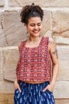 Womens Tops, 100% Cotton, Hand Block Print, Summer. Lola in red mosaic - Tavira