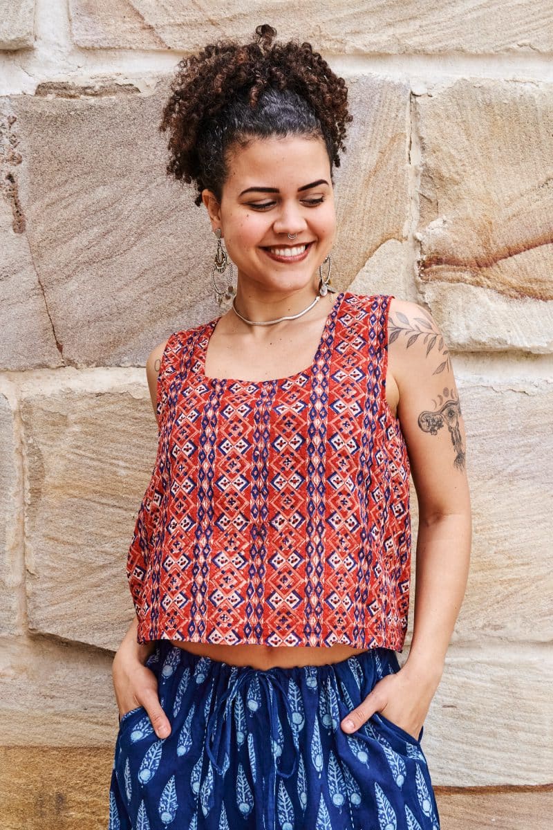 Womens Tops, 100% Cotton, Hand Block Print, Summer. Lola in red mosaic - Tavira