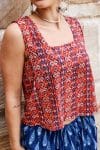 Womens Tops, 100% Cotton, Hand Block Print, Summer. Lola in red mosaic - Tavira