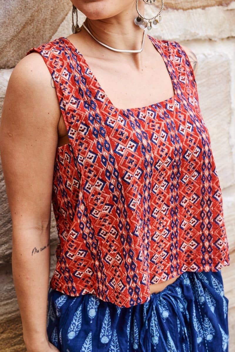 Womens Tops, 100% Cotton, Hand Block Print, Summer. Lola in red mosaic - Tavira