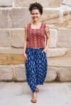 Womens Tops & Pants, 100% Cotton, Hand Block Print, Summer. Lola top in red mosaic - Tavira. Sol Pants in natural blue - Indigo Nivara
