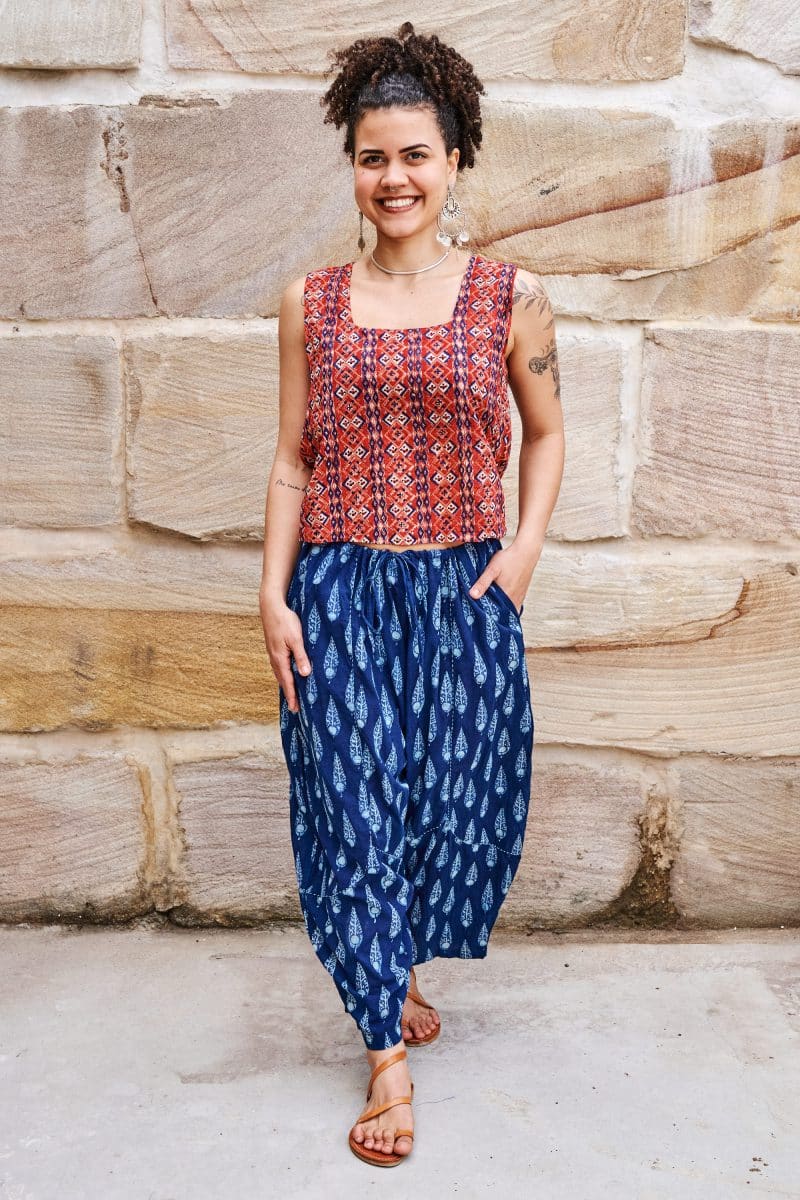 Womens Tops & Pants, 100% Cotton, Hand Block Print, Summer. Lola top in red mosaic - Tavira. Sol Pants in natural blue - Indigo Nivara