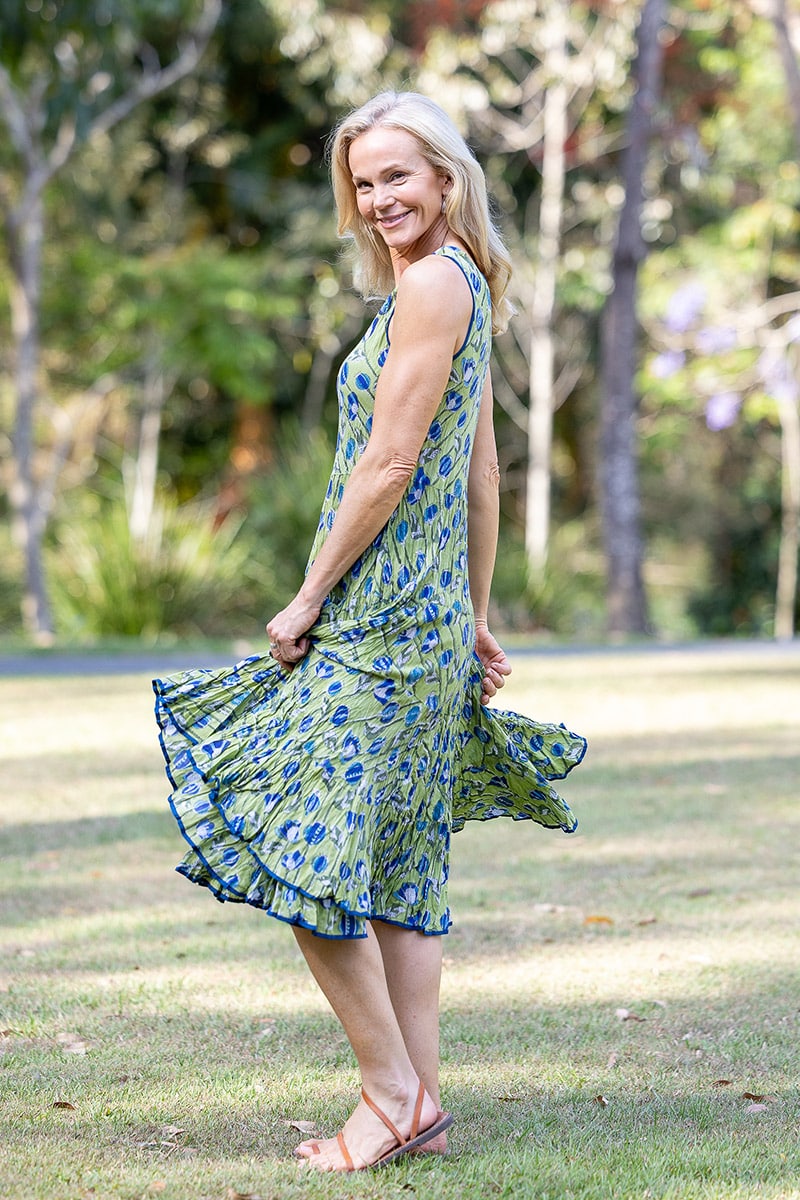 Womens, midi, Flamenco Dress, sleeveless, 100% Cotton, hand block print. Summer Green - Verde