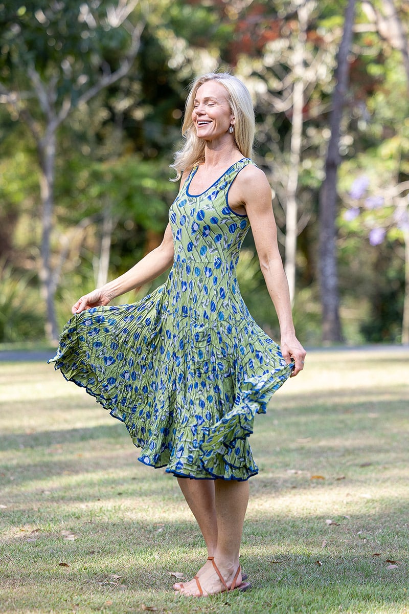 Womens, midi, Flamenco Dress, sleeveless, 100% Cotton, hand block print. Summer Green - Verde