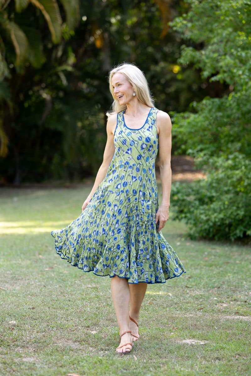 Womens, midi, Flamenco Dress, sleeveless, 100% Cotton, hand block print. Summer Green - Verde