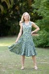 Womens, midi, Flamenco Dress, sleeveless, 100% Cotton, hand block print. Summer Green - Verde