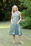 Womens, midi, Flamenco Dress, sleeveless, 100% Cotton, hand block print. Summer Green - Verde