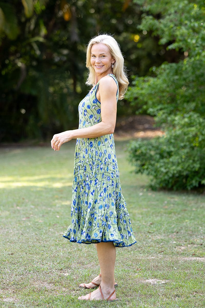 Womens, midi, Flamenco Dress, sleeveless, 100% Cotton, hand block print. Summer Green - Verde