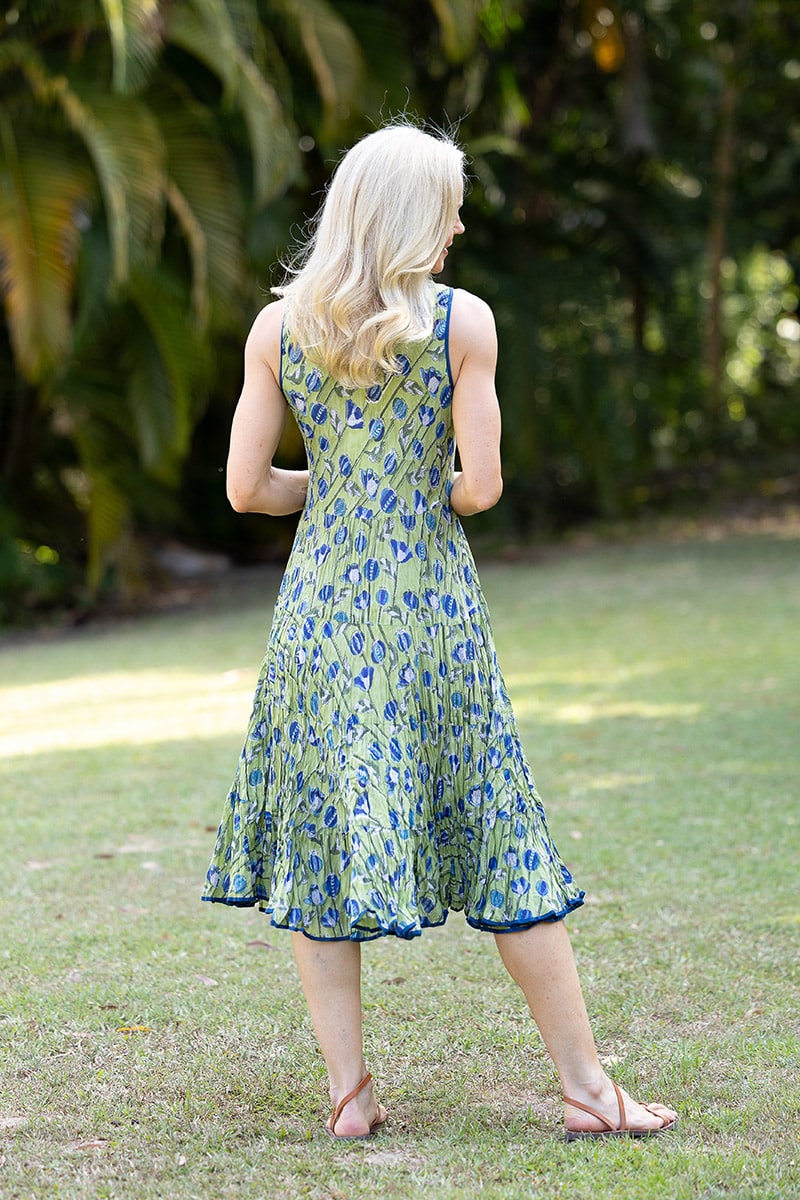 Womens, midi, Flamenco Dress, sleeveless, 100% Cotton, hand block print. Summer Green - Verde