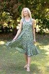 Womens, midi, Flamenco Dress, sleeveless, 100% Cotton, hand block print. Summer Green - Verde