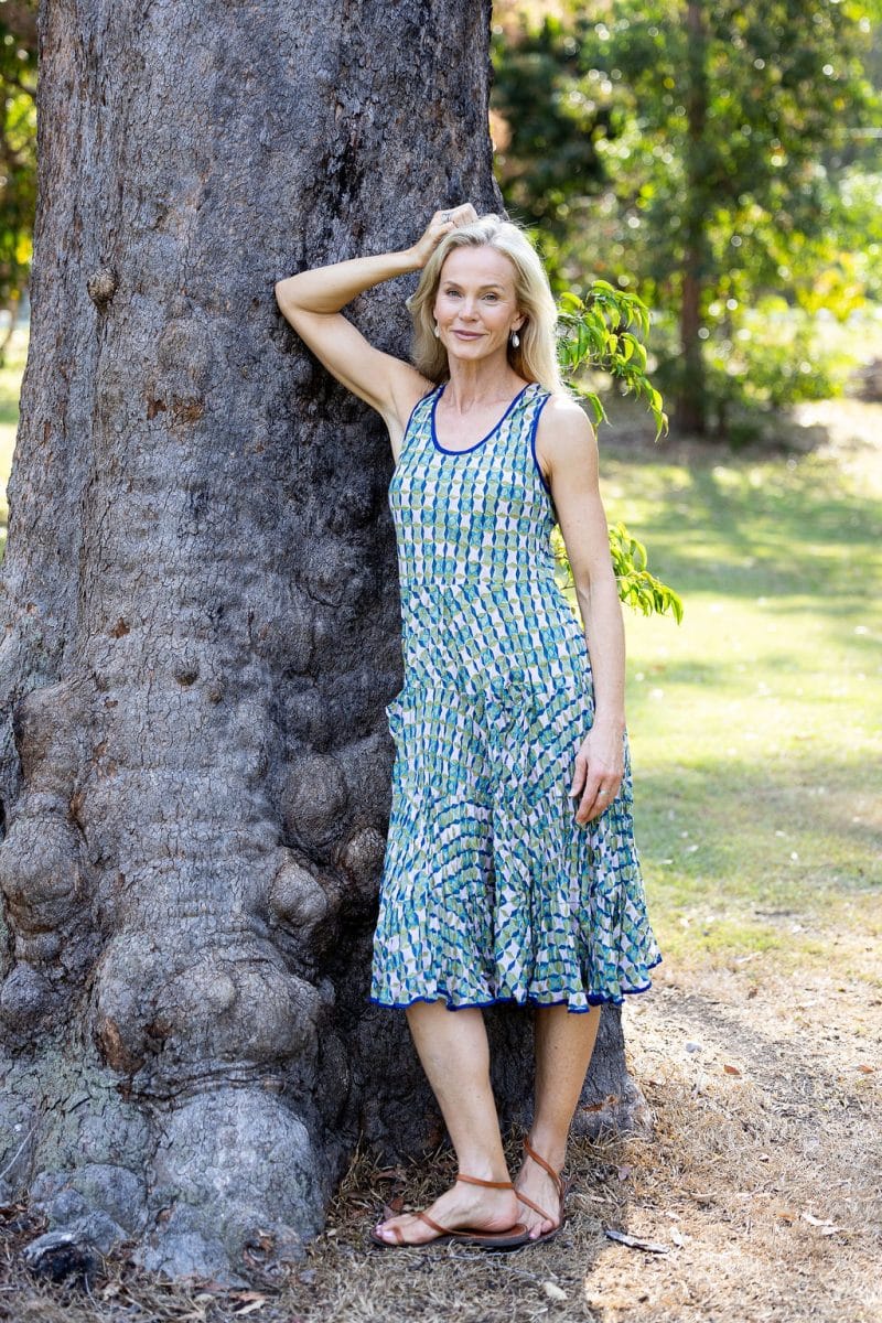 Womens, midi, Flamenco Dress, sleeveless, 100% Cotton, hand block print. Soft geometry - Liora