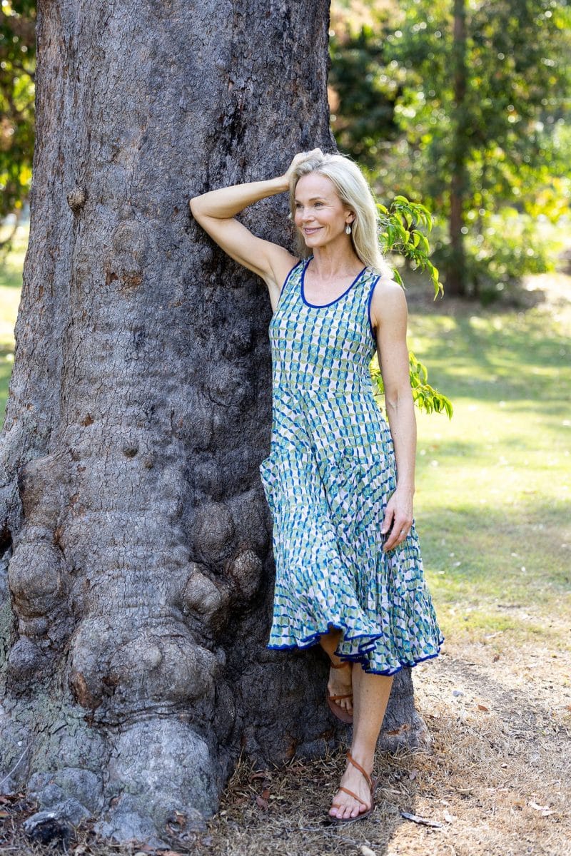 Womens, midi, Flamenco Dress, sleeveless, 100% Cotton, hand block print. Soft geometry - Liora