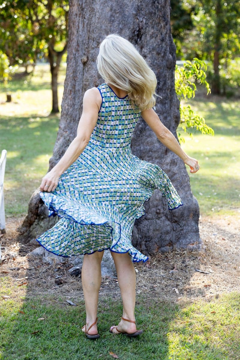 Womens, midi, Flamenco Dress, sleeveless, 100% Cotton, hand block print. Soft geometry - Liora