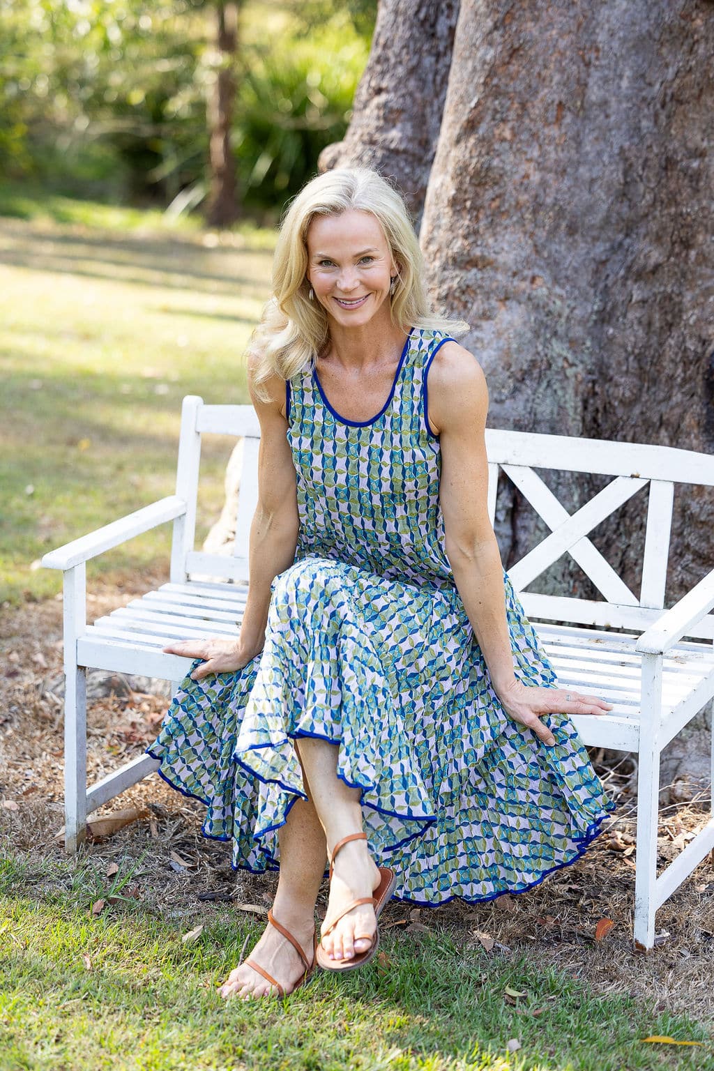 Flamenco Dress Sleeveless – Liora Womens, midi, Flamenco Dress, sleeveless, 100% Cotton, hand block print. Soft geometry - Liora