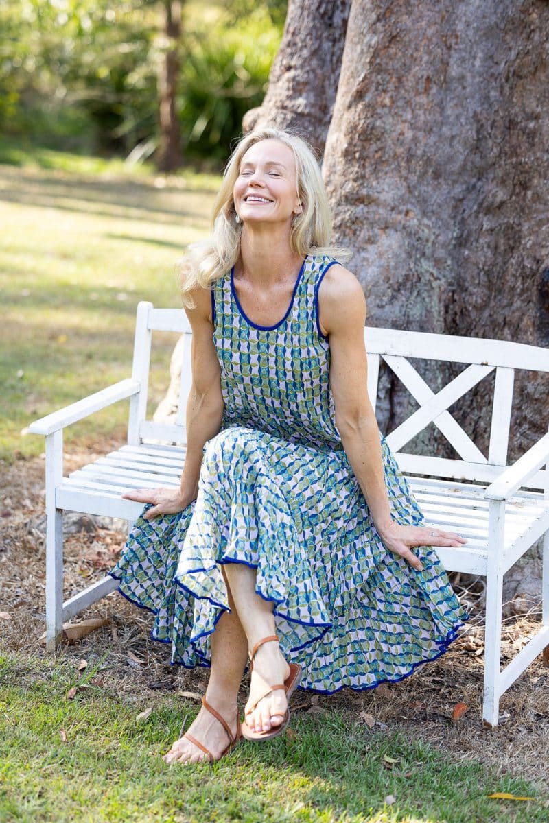 Womens, midi, Flamenco Dress, sleeveless, 100% Cotton, hand block print. Soft geometry - Liora