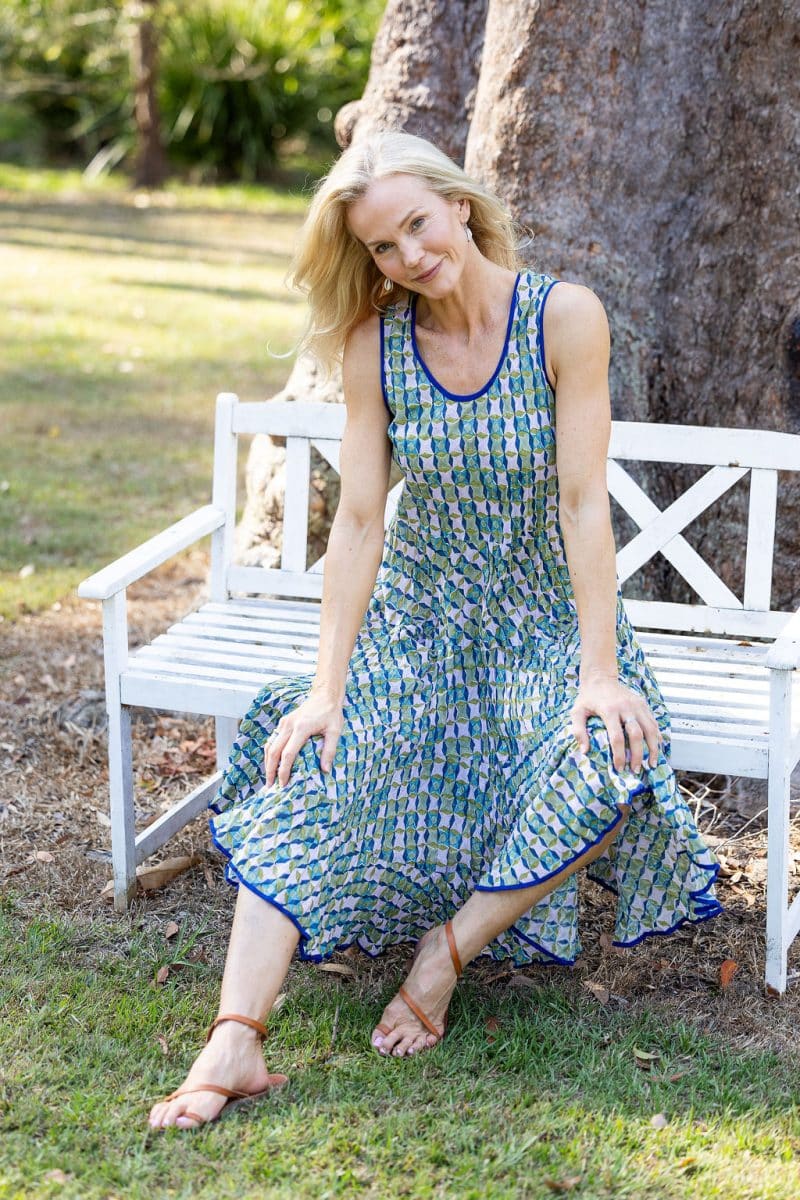 Womens, midi, Flamenco Dress, sleeveless, 100% Cotton, hand block print. Soft geometry - Liora