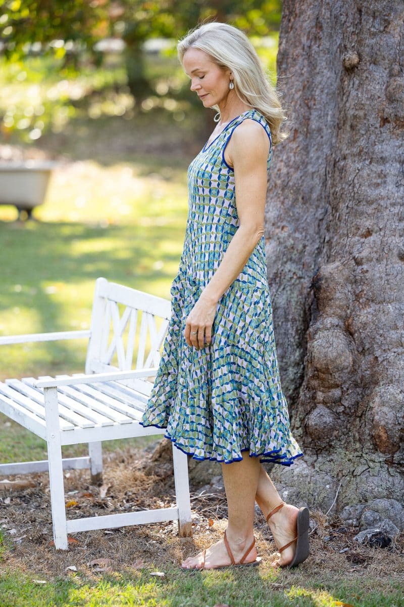 Womens, midi, Flamenco Dress, sleeveless, 100% Cotton, hand block print. Soft geometry - Liora