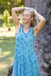 Womens, midi, Flamenco Dress, sleeveless, 100% Cotton, hand block print. Soft Oceanic Blue - Amara