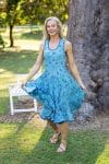 Womens, midi, Flamenco Dress, sleeveless, 100% Cotton, hand block print. Soft Oceanic Blue - Amara