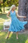 Womens, midi, Flamenco Dress, sleeveless, 100% Cotton, hand block print. Soft Oceanic Blue - Amara
