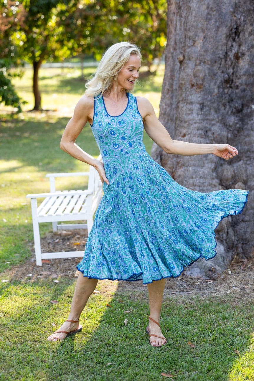 Womens, midi, Flamenco Dress, sleeveless, 100% Cotton, hand block print. Soft Oceanic Blue - Amara