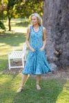 Womens, midi, Flamenco Dress, sleeveless, 100% Cotton, hand block print. Soft Oceanic Blue - Amara