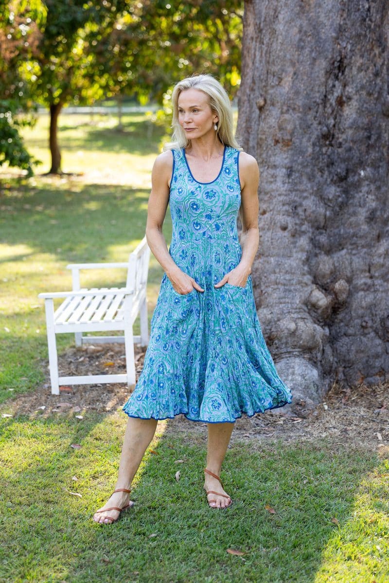 Womens, midi, Flamenco Dress, sleeveless, 100% Cotton, hand block print. Soft Oceanic Blue - Amara