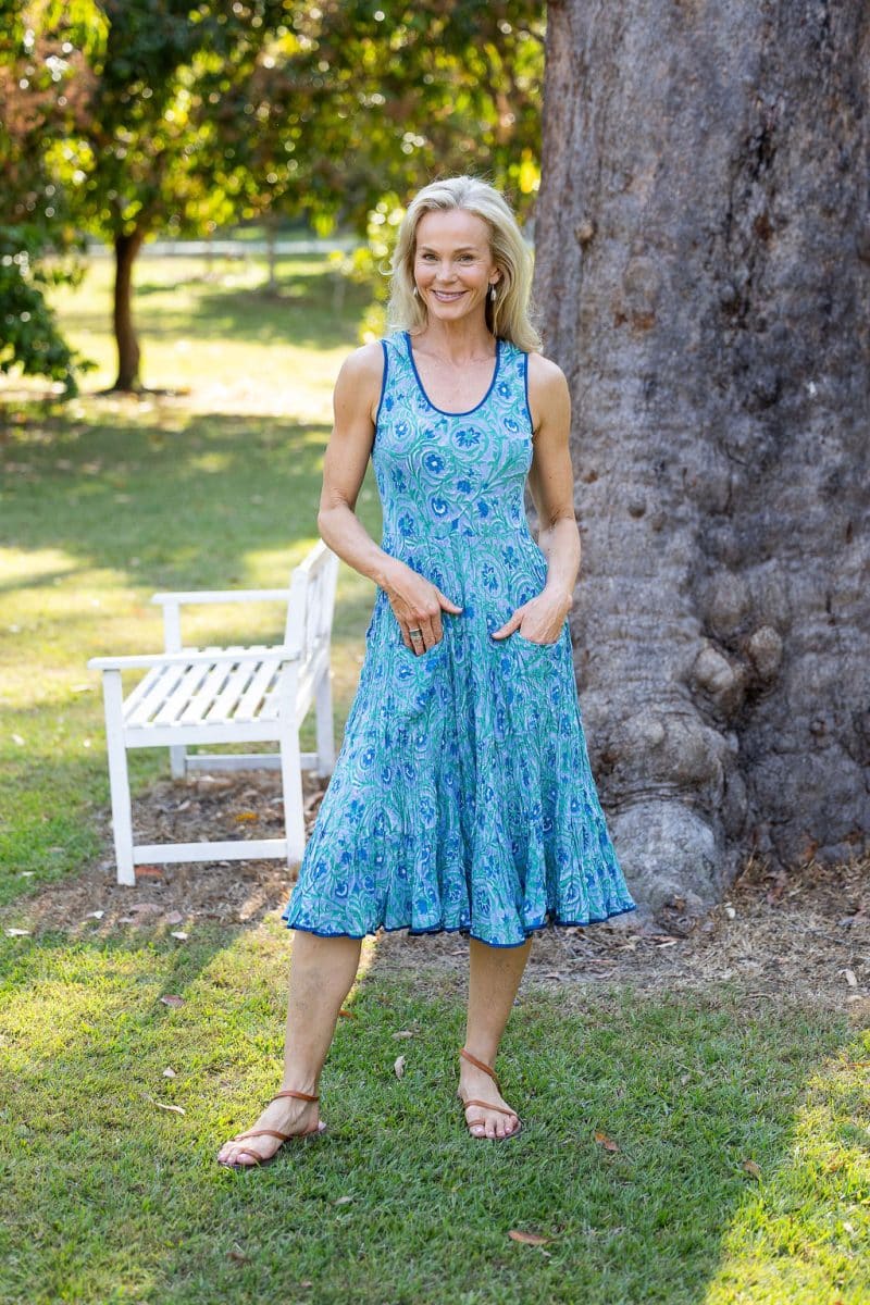 Womens, midi, Flamenco Dress, sleeveless, 100% Cotton, hand block print. Soft Oceanic Blue - Amara