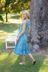 Womens, midi, Flamenco Dress, sleeveless, 100% Cotton, hand block print. Soft Oceanic Blue - Amara
