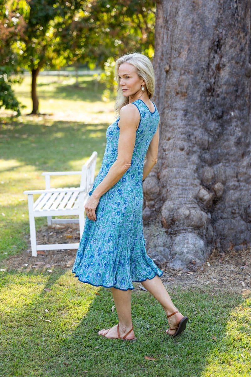 Womens, midi, Flamenco Dress, sleeveless, 100% Cotton, hand block print. Soft Oceanic Blue - Amara